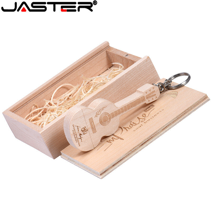 Jaster pendrive de bambu maçaneta, guitarra + caixa com logo, usb 2.0, 4gb, 8gb, 16gb, 32gb, 64gb