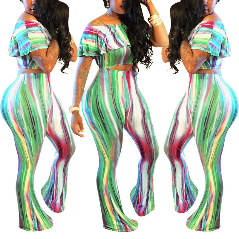 Top-Selling Product Fashion European and American Gradient Stripe Printing Three-Color Two-Piece Set Summer
