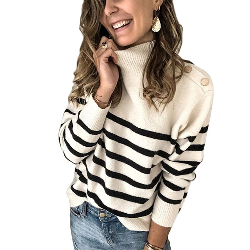 Sweater Wanita Top Lengan Panjang Satu Kancing Dihiasi Ramping Pelangi Bergaris Patchwork Wanita Musim Semi Musim Gugur Fashion 2021
