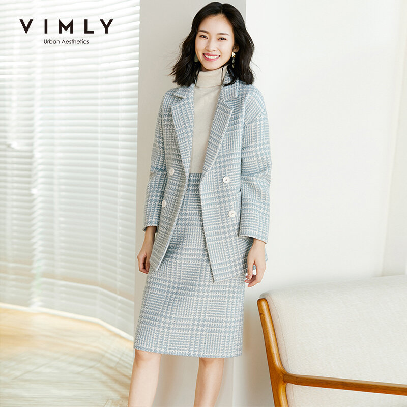 Vimly 2020エレガントなツーピースセットファッションチェック柄ダブルブレストベルトウールブレザーハイウエストスカートオフィスの女性の衣装F3793