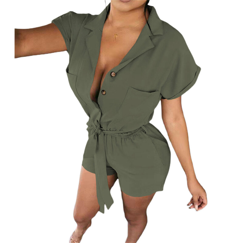 Frauen drehen-unten drehen-unten Kragen Overalls mit Bund, Sexy Einfarbig Kurzarm Body, khaki/Schwarz/Armee Grün