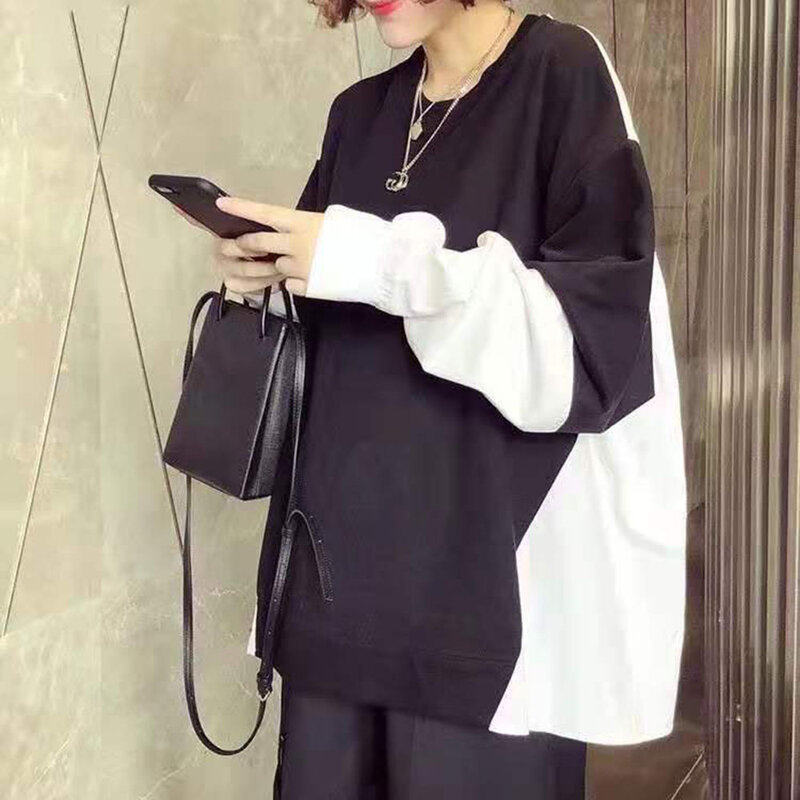 Blusa solta de manga longa, moda coreana, casual, design de roupa feminina, gola redonda, manga longa, duas peças, outono 2021