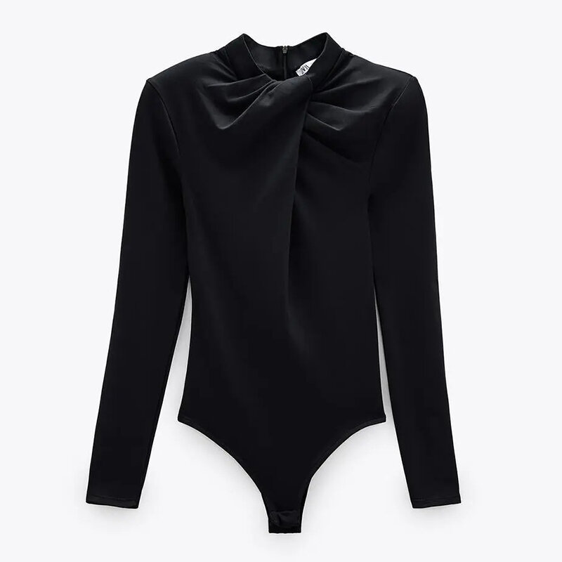 Body preto foridol com ombro acolchoado, peça única feminina manga comprida body casual moda inverno