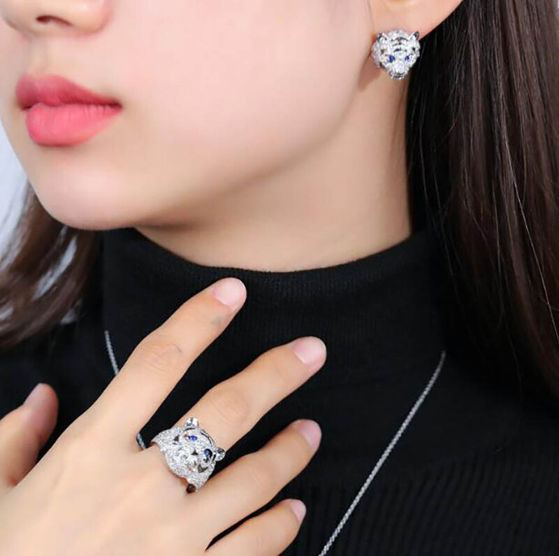 Full zircon bold tiger ring for women blue gem animals leopard necklace earring classic jewelry set