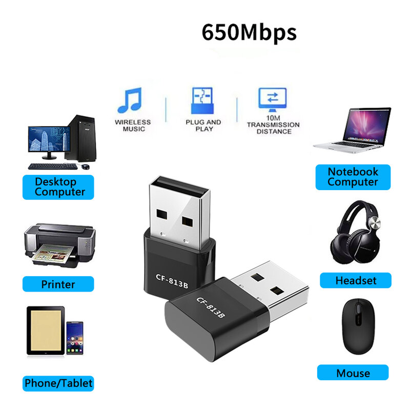 Baru 650Mbps Adaptor Wifi Nirkabel Mini Bluetooth 4.2 USB Dual Band Kartu Jaringan RTL8821CU 2.4 + 5.8G Hitam Adaptor WiFi Ac untuk PC