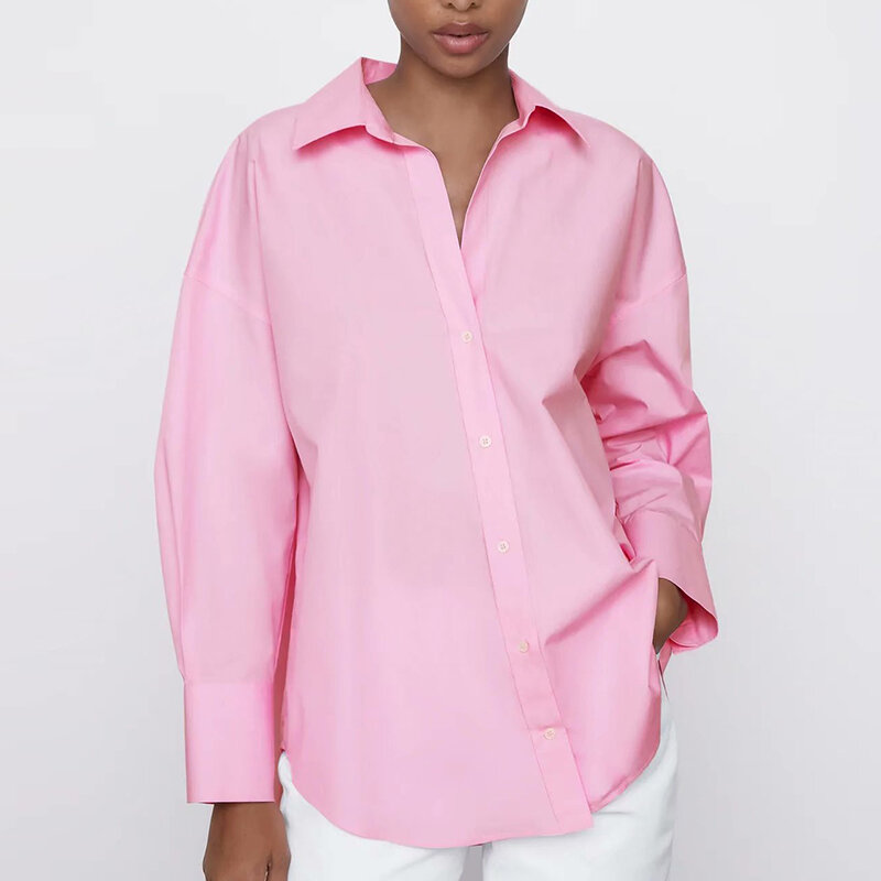 Blusa rosa de manga larga para mujer, camisa sencilla de oficina, Top de una sola botonadura con cuello vuelto, novedad de verano de 2021