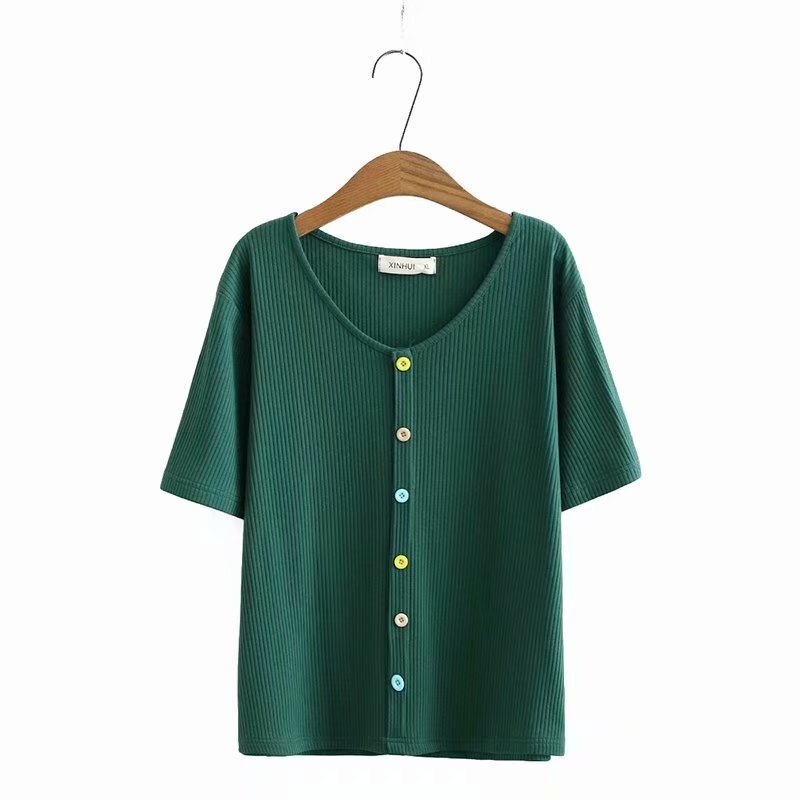 Plus tamanho falso botão de malha verão topos feminino casual manga curta vintage camisas oversized a-line t