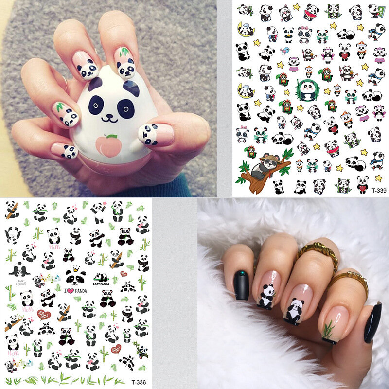 Autocollants pour ongles, dessin animé, Panda chinois, Design noir et blanc, pointe adhésive, décoration de manucure, DIY bricolage, 1 pièce