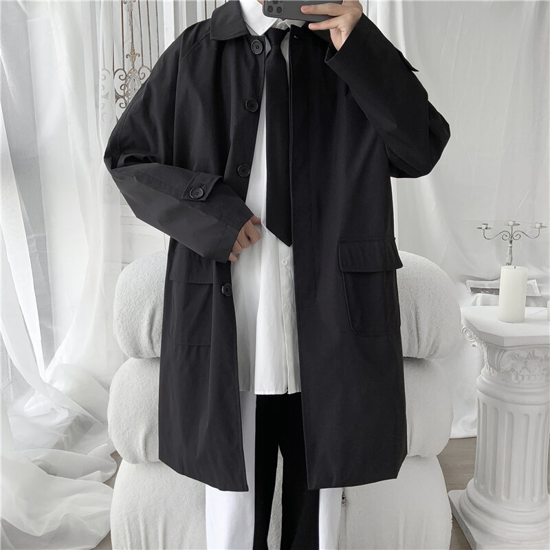 Trench mantello stile coreano uomo Casual solido autunno nuova moda sciolto cappotto lungo maschile High Street giacca a vento Trench