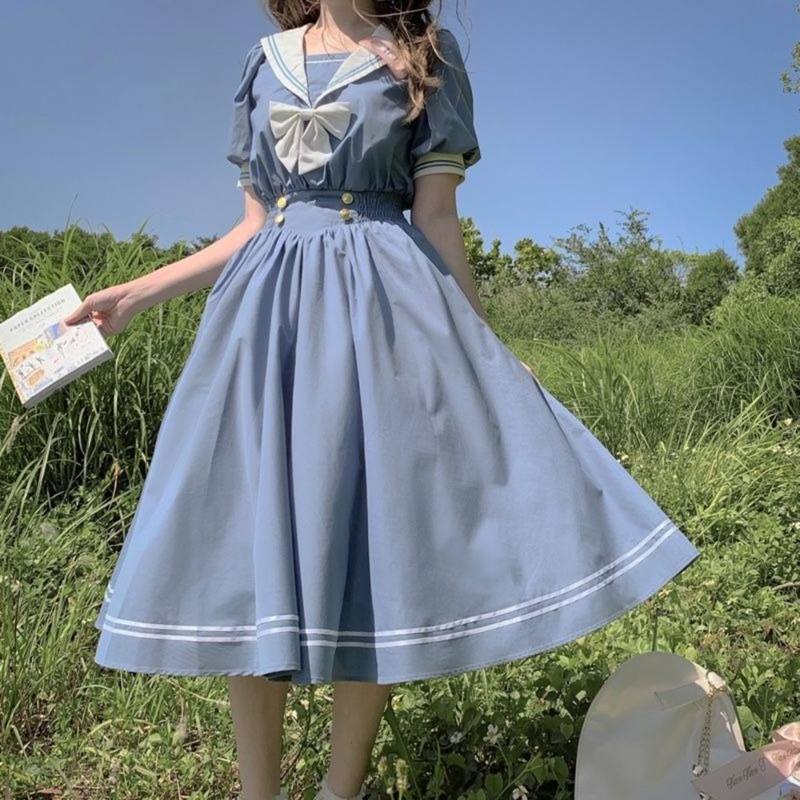 Nhật Bản Cung Tên Lolita Ngọt Đầm Bông Tai Kẹp Thủy Thủ Cổ Áo Hải Quân Vintage Nơ Đáng Bé Gái Cách Học Lolita Thủy Thủ Đầm