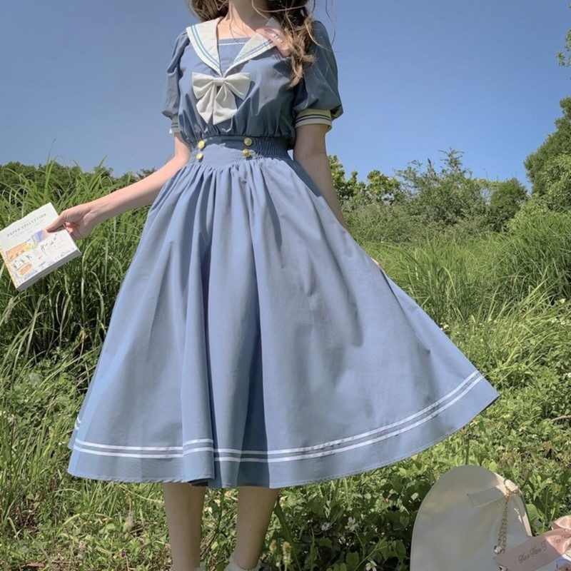 Japanischen Bögen Lolita Süße Kleid Harajuku Sailor Kragen Navy Vintage Bogen Kawaii Mädchen Adrette Lolita Sailor Kleid