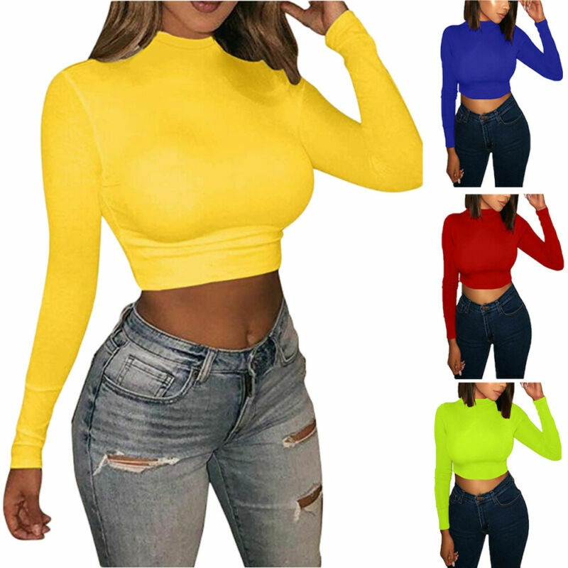 Women Solid Color Turtleneck Long Sleeve Crop Top Slim Pullover Casual Tank Base T- Shirt Fluorescent Green Top New