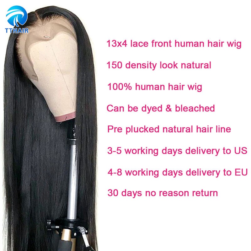 Peluca de cabello humano liso de 13x4 para mujeres negras, postizo de encaje frontal, pelo Remy brasileño con cierre, 150%