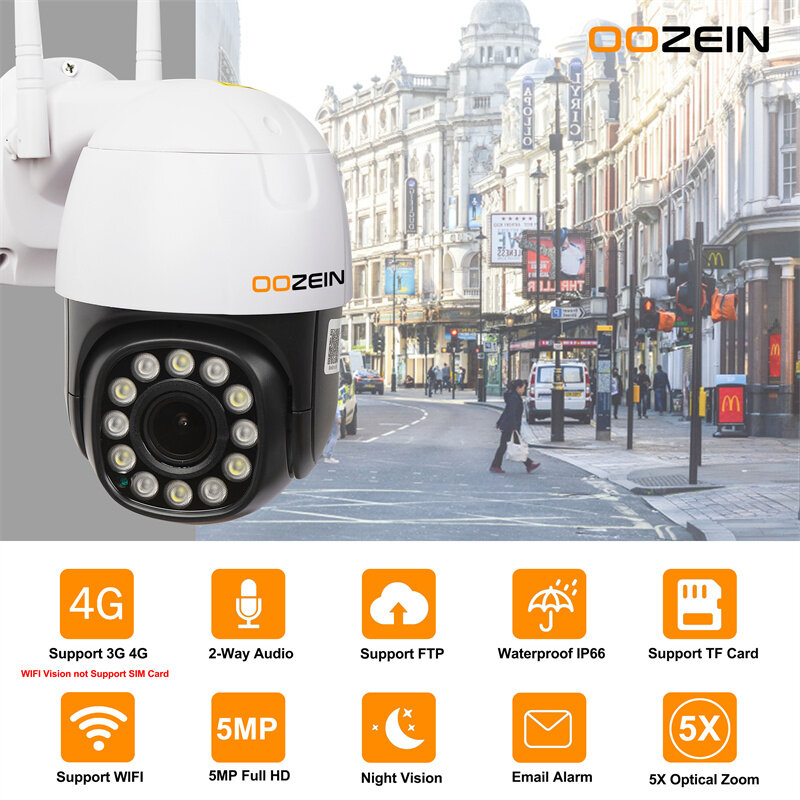 1080P 5MP PTZ telecamera IP telecamere di videosorveglianza 4G WIFI telecamera domestica H.265 5X Zoom ottico telecamera Wireless CCTV 360 all'aperto