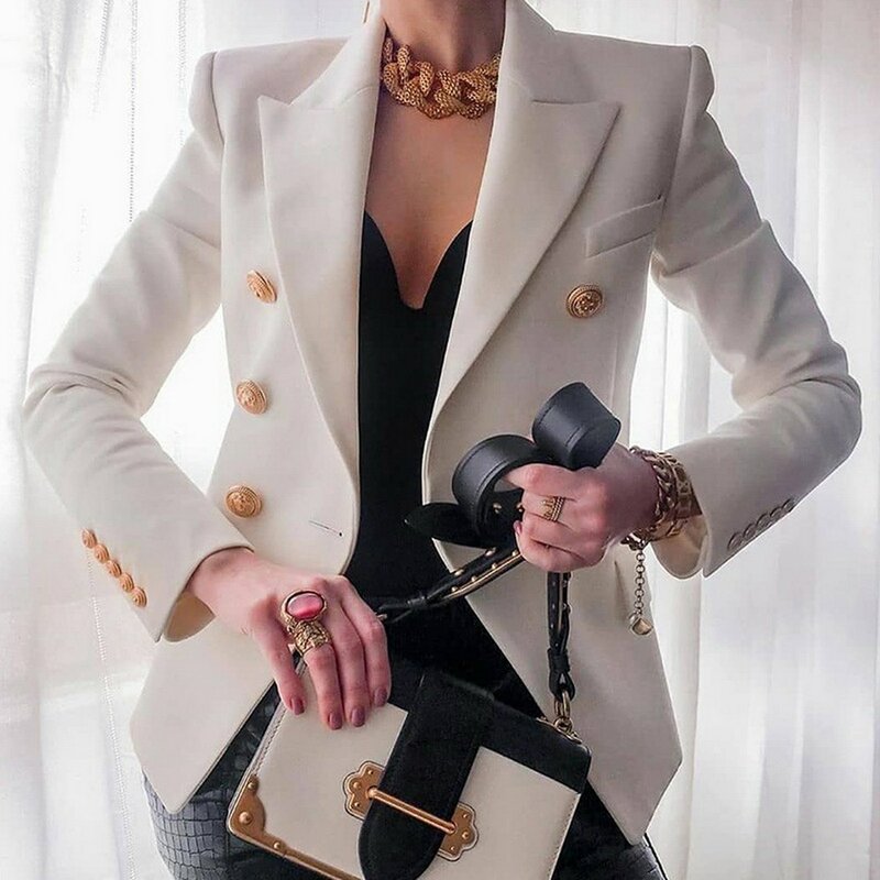 Blazer feminino estilo harajuku, jaqueta de escritório, estilo double breasted, encaixe slim, 2021