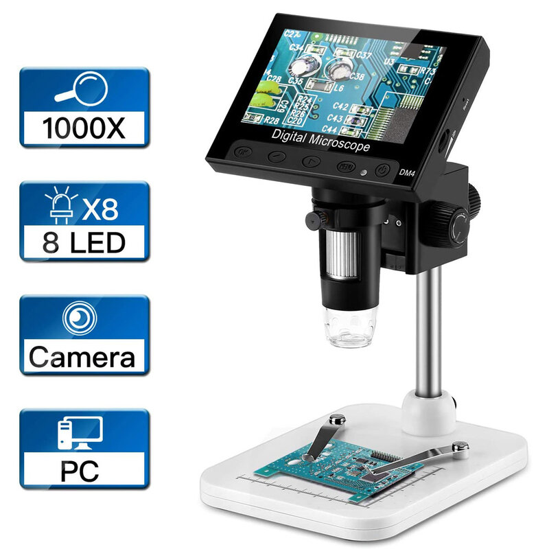 Microscopio Digital LCD USB de 4,3 pulgadas, endoscopio con grabación, aumento de 1000X, cámara de almacenamiento, grabadora de vídeo para soldadura de reparación