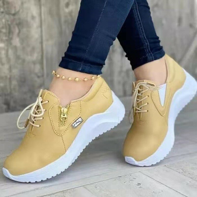 Sapatos femininos vulcanizados cor sólida laço-up de sola grossa antiderrapante sapatos casuais confortáveis e leves ao ar livre sapatos femininos 2021