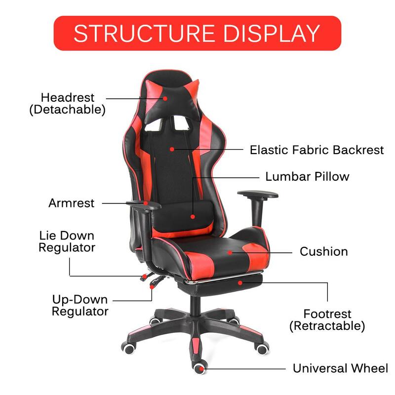 Silla de oficina de cuero PU y respaldo alto para juegos, asiento de ordenador para gamers, reclinable hasta 155 grados, con reposapiés