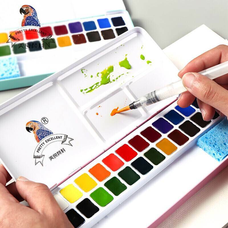 Meiliang-24/36 색 단색 수채화 물감 세트, 무독성 페인트, 팔레트 및 아트 페인트 브러시가 있는 휴대용 금속 케이스 제공