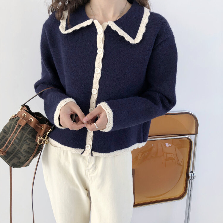 Autumn Women Clothes Gentle Sweet Thick And All-Match Peter Pan Collar Wooden Matching Button Sweater Cardigan Кардиган Женский