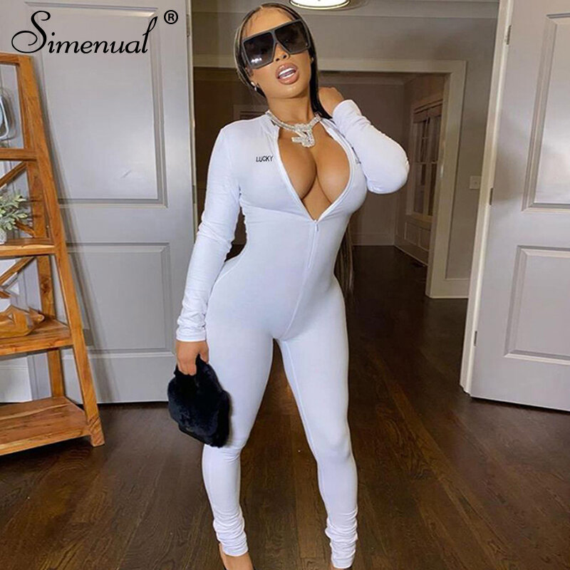 Simenual Casual Sportief Brief Gedrukt Rompertjes Womens Jumpsuit Lange Mouw Workout Rits Fitness Bodycon Jumpsuits Lucky Label