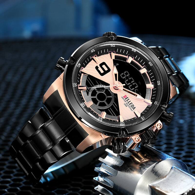 BELLEDA-reloj analógico de cuarzo deportivo para hombre, cronógrafo de pulsera de acero negro, con pantalla Dual, color oro rosa, estilo informal, a la moda