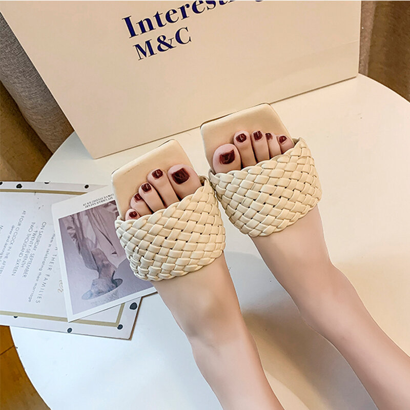 2021 moda feminina chinelos trançado dedo do pé aberto sapatos casuais apartamentos sandálias de praia flip flops sapatos femininos chinelos plus size 41 42
