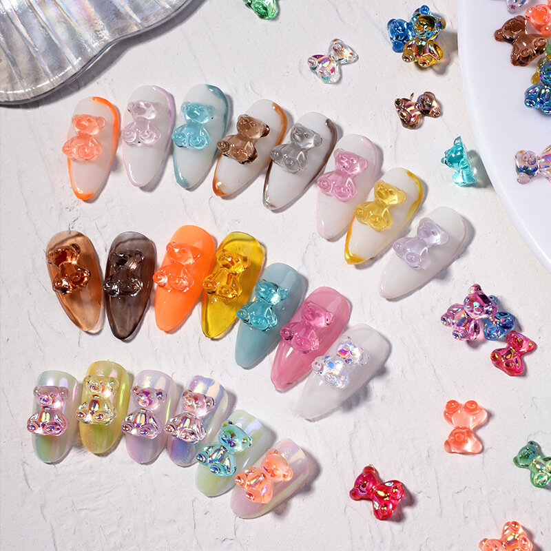 Una caja de oso para decoración de uñas, oso de resina 3D, diamantes de imitación de cristal, accesorios de arte para diseño de uñas, decoración de puntas de manicura
