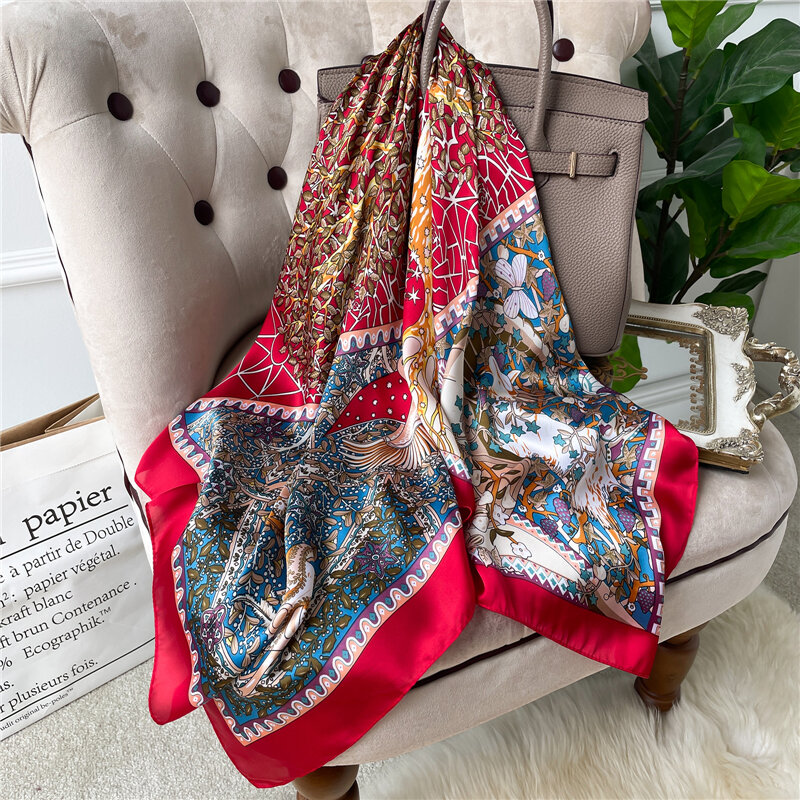 Pañuelo cuadrado de seda para mujer, Bandana con estampado Floral, Hijab, chal musulmán, 90cm x 90cm, 2022