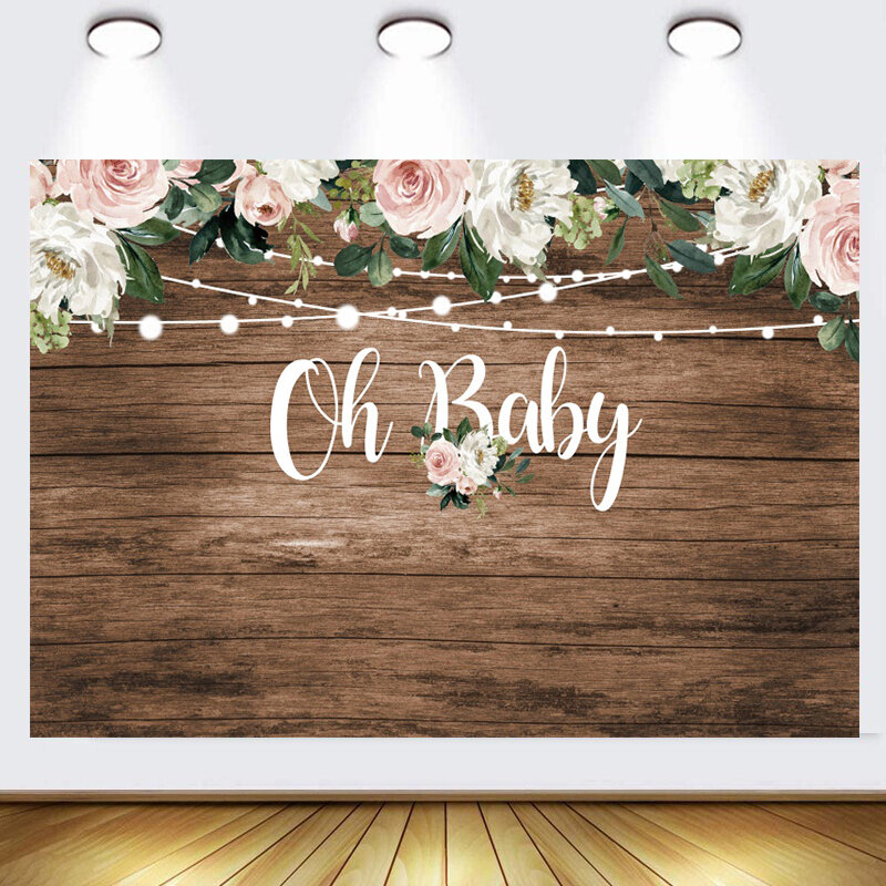 Oh Baby Shower-Fondo de fiesta de cumpleaños para niños, flor de madera, hierba, pancarta de fondo, decoración