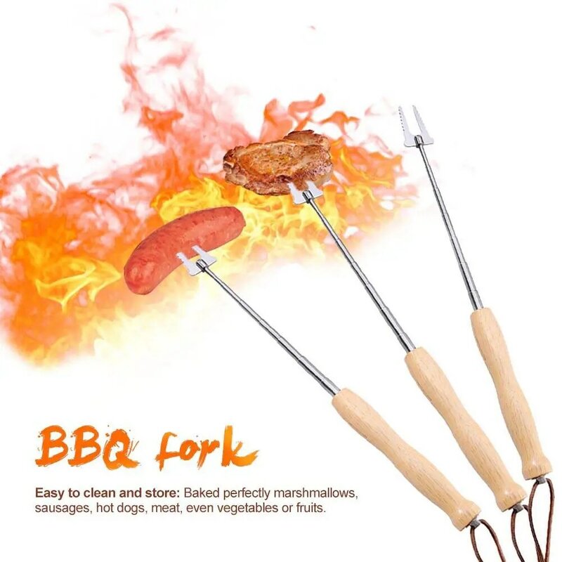 1Pc Stretchable BBQ Forks For Outdoor Camping Campfire Stainless Steel Wooden Handle Telescoping Barbecue BBQ Forks
