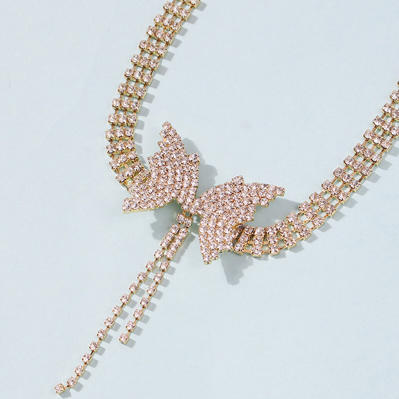 Gorgeous Rhinestone Butterfly Necklace Women Shiny Crystal Bow Tassel Chain Temperament Short Choker Girl  Statement Jewelry