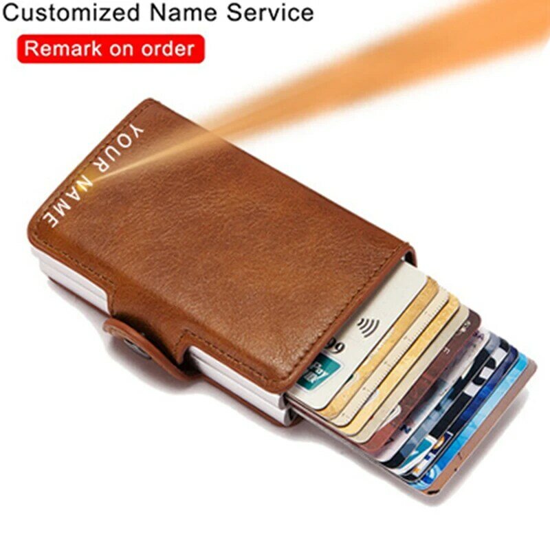 Carteira em couro masculina com tecnologia rfid, com compartimentos para documento de identidade, porta-cartão em alumínio para cartões bancários, de crédito, com bloqueio e proteção aos dados