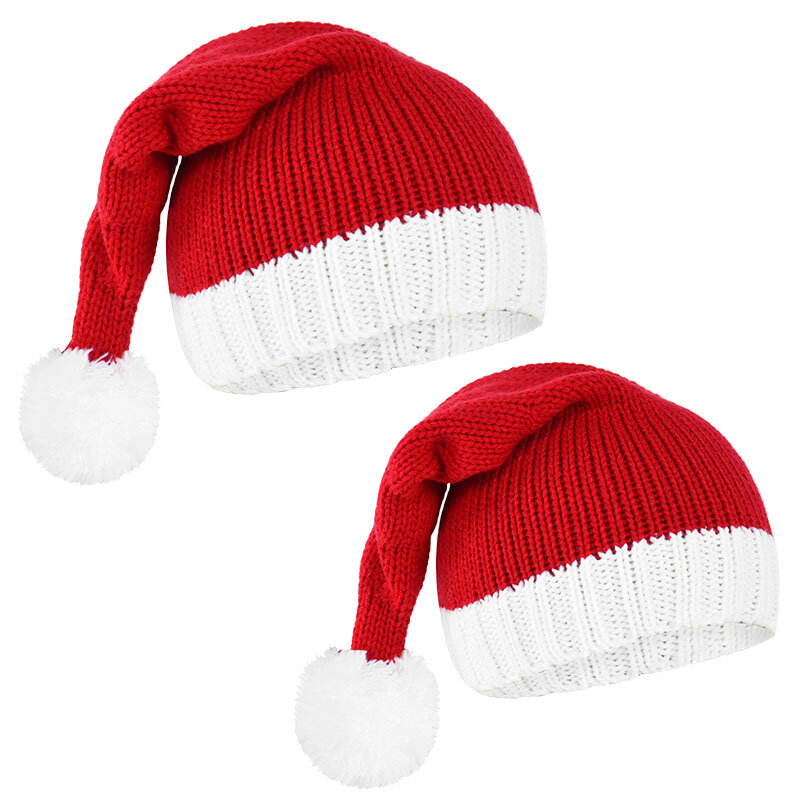 Gorro de malha macio navidad natal outono/inverno chapéu de natal chapéu vermelho com pompomadulto branco