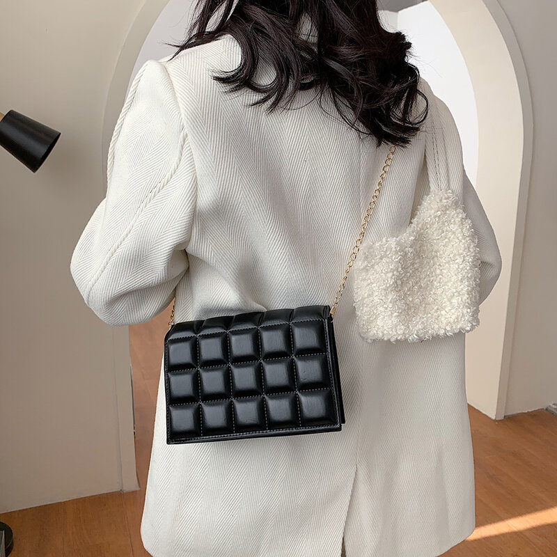 Bolso de hombro con diseño de celosía para mujer, cartera de mano de piel sintética portátil, Bolso tipo bandolera cuadrada con cadena cuadrada