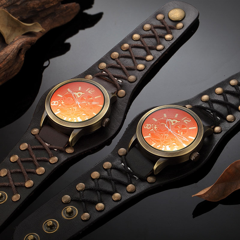 Reloj de pulsera de cuero ancho Retro a la moda para hombre reloj automático de lujo para hombre reloj masculino Vintage a prueba de agua horas