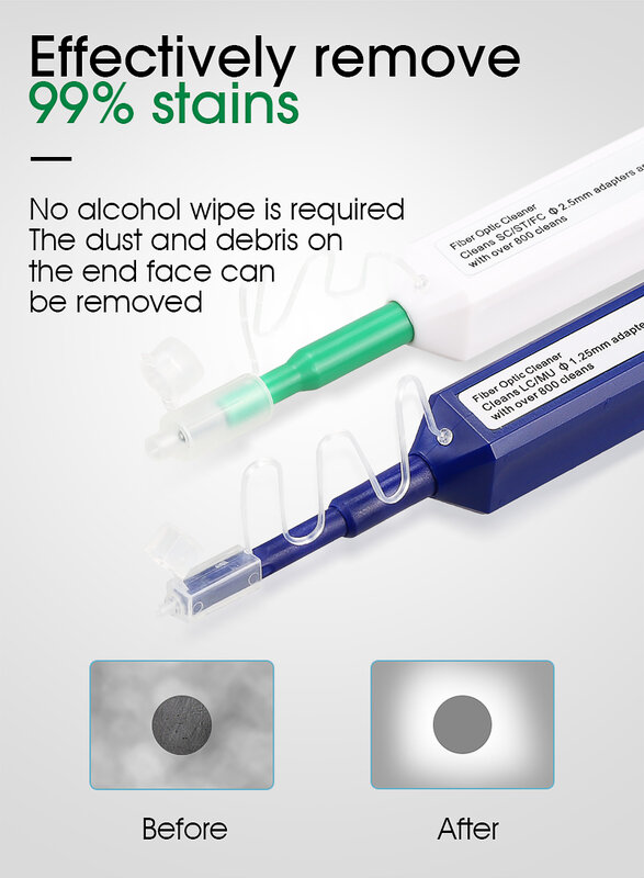 Ferramenta de limpeza one touch, caneta de limpeza 1.25mm e 2.5mm, limpador de fibra ótica de limpeza 800