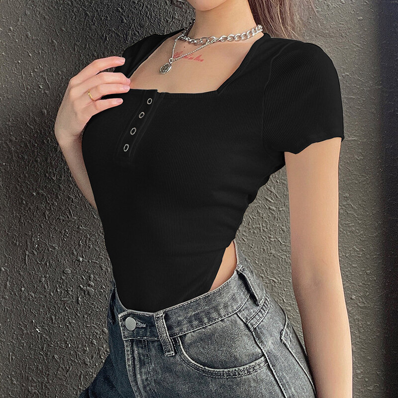 Darlingaga Square Neck Ribbed Knitted Short Sleeve Bodysuit Women Autumn Winter Body Skinny Basic Button Bodysuits Casual Romper