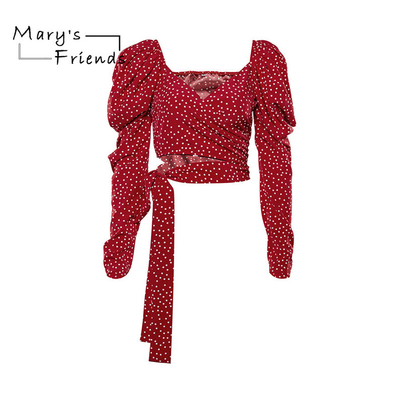 Mary 'S เพื่อนแขนยาวเสื้อฤดูใบไม้ผลิพัฟแขน Polka Dot พิมพ์ผ้าพันคอ Cross V คอเสื้อผู้หญิง Blusas de Mujer