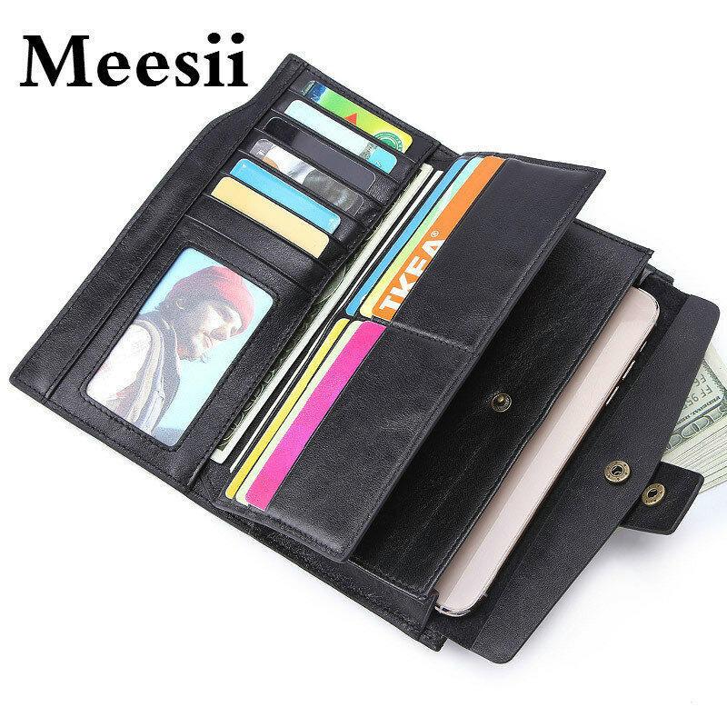 Meesii marca homens de negócios carteira longo couro genuíno embreagem carteira bolsa masculino ferrolho qualidade superior macio artesanal moeda bolsa