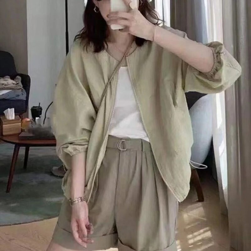 Coreano moda feminina nova jaqueta cor sólida zíper manga comprida cordão outono 2021 simplicidade casual solto