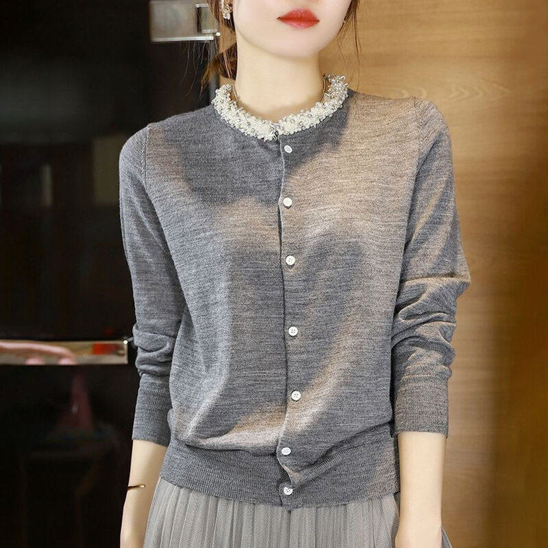 Suéter elegante de manga larga para mujer, cárdigan de manga larga con perlas nuevo, cárdigan de una sola botonadura, ropa de punto Flexible suave, 2021