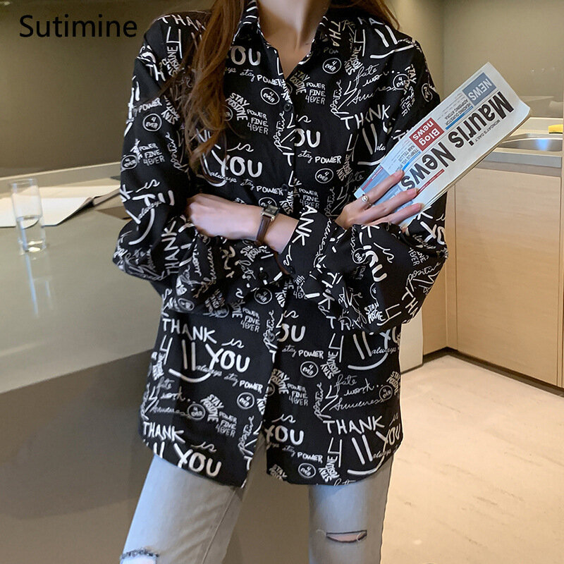 Sutimine 2021 Spring Autumn Women Shirts Letter Printing Plain Loose Oversized Blouses Female Tops Loose Street Button Up Shirts