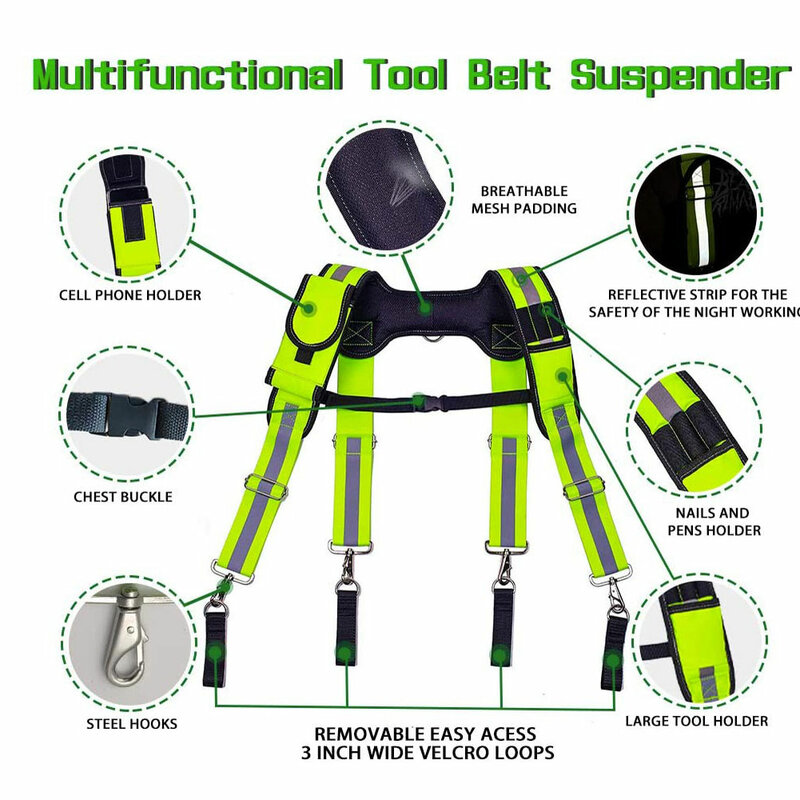 Reflective Safety Suspenders Tool Belt Suspenders Work Tool Set Adjustable with Swivel Hooks & Tool Belt Loops