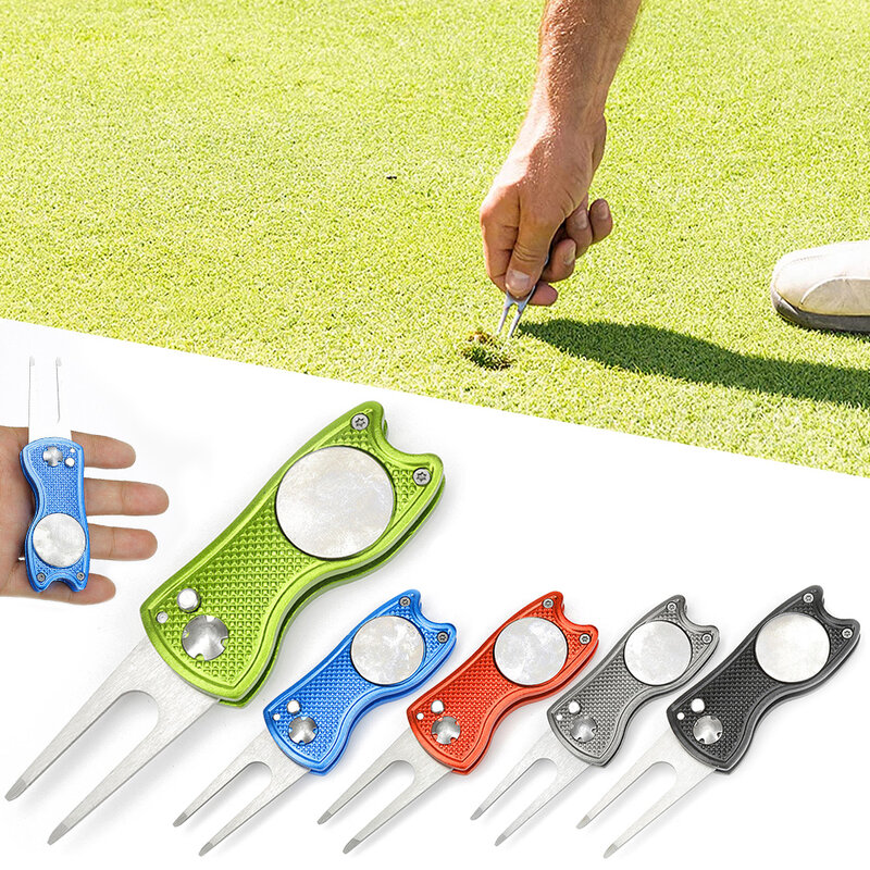 Mini Opvouwbare Golf Groene Vork Pitchfork Bal Marker Hooivork Putting Vork Training Reparatie Switchblade Pitch Groove Cleaner