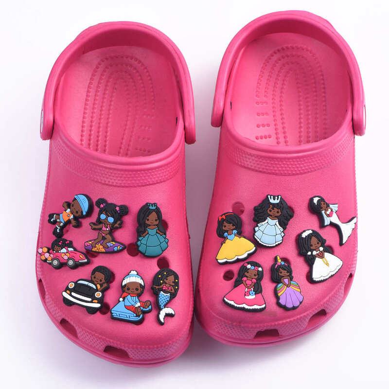 Single Sale 1pc PVC Cartoon BlacK Girl Shoes Charms Shoe Buckles Accessories Fit Bands Bracelets Croc JIBZ Kids Party X-mas Gift