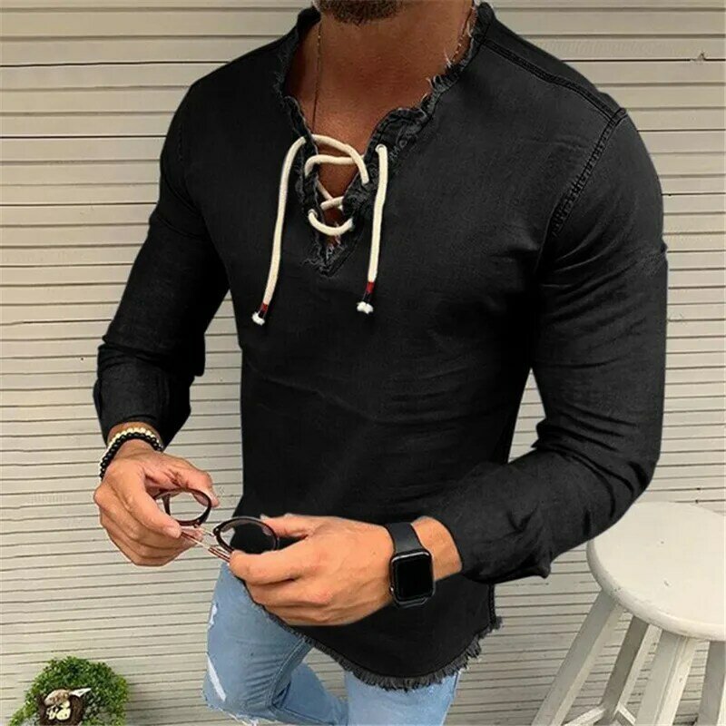 Camisa jeans masculina de renda vazada, decote em v casual com manga curta vintage primavera verão moda sexy 2021