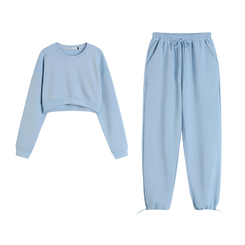 가을 여성 운동복 후드 바지 캐주얼 짧은 풀오버 운동복 2 피스 정장 세트, 패션 단색 파란색 운동복