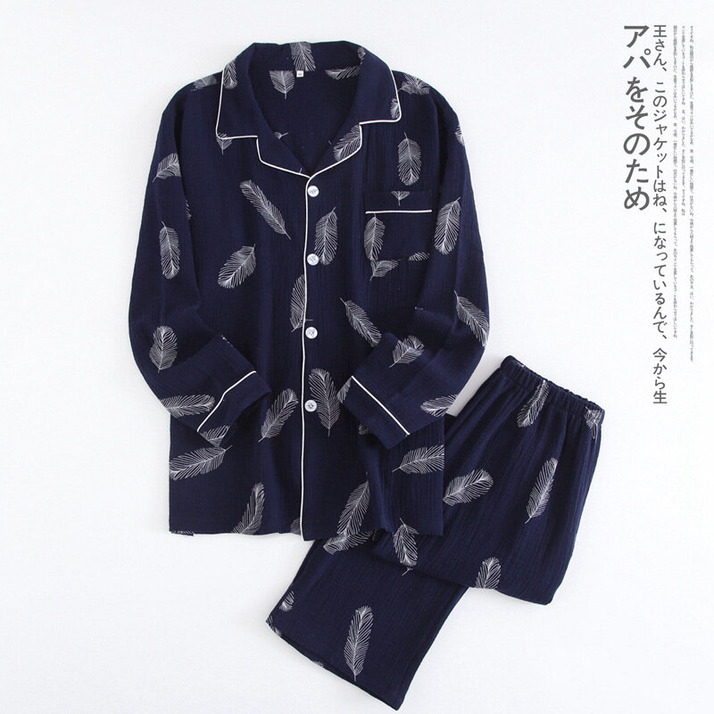Conjunto de pijama japonés de hilo de algodón para hombre, traje de casa, cárdigan fino de manga larga, gasa, solapa, crepé, ropa de casa lavada, primavera y otoño