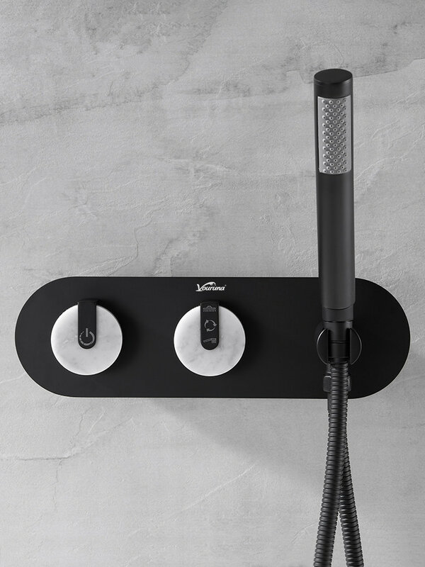 VOURUNA-grifo de bañera montado en suelo negro, con válvula de Control en la pared, de pie, mezclador de ducha de baño